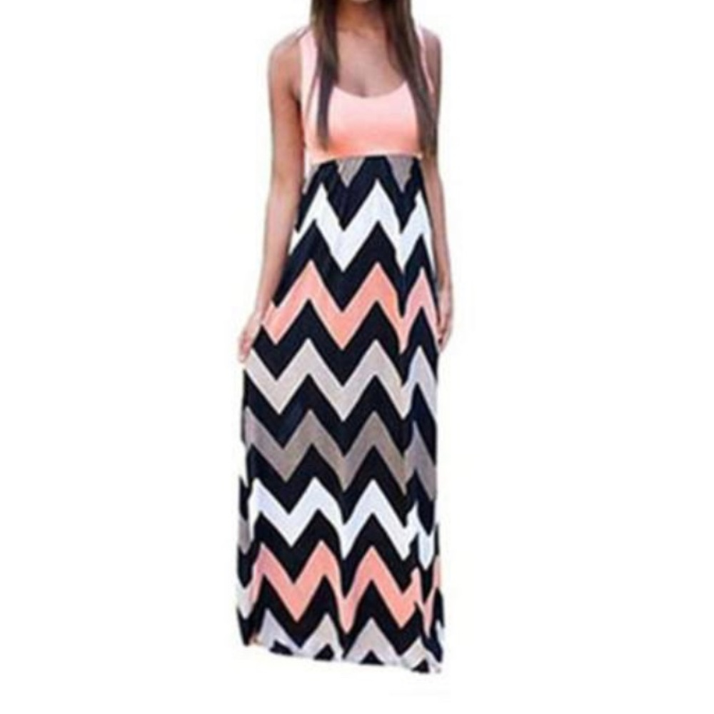 Women Summer Sleeveless Boho Wave Striped Beach Maxi Dress